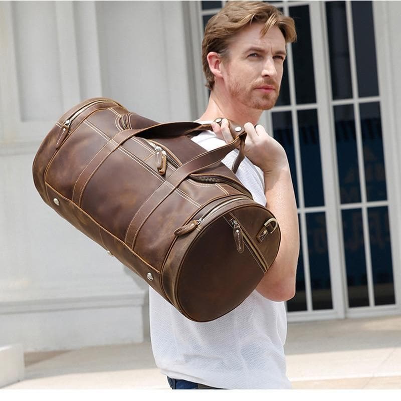 The Wainwright Weekender Bag | Vintage Round Crazy Horse Leather Travel Duffel with Pockets