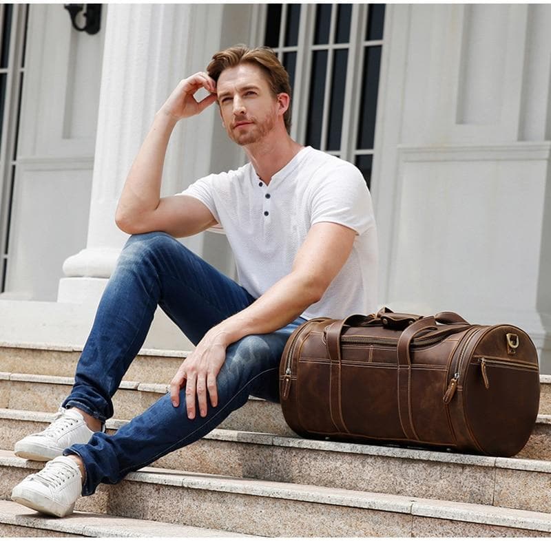 The Wainwright Weekender Bag | Vintage Round Crazy Horse Leather Travel Duffel with Pockets