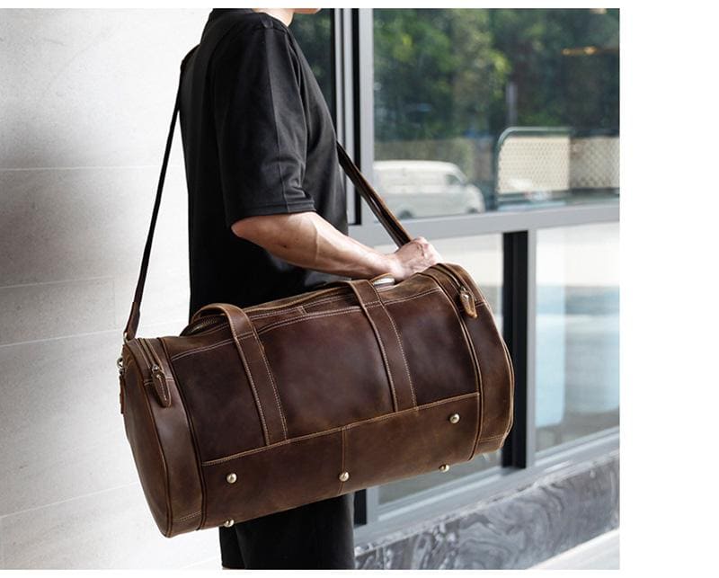 The Wainwright Weekender Bag | Vintage Round Crazy Horse Leather Travel Duffel with Pockets