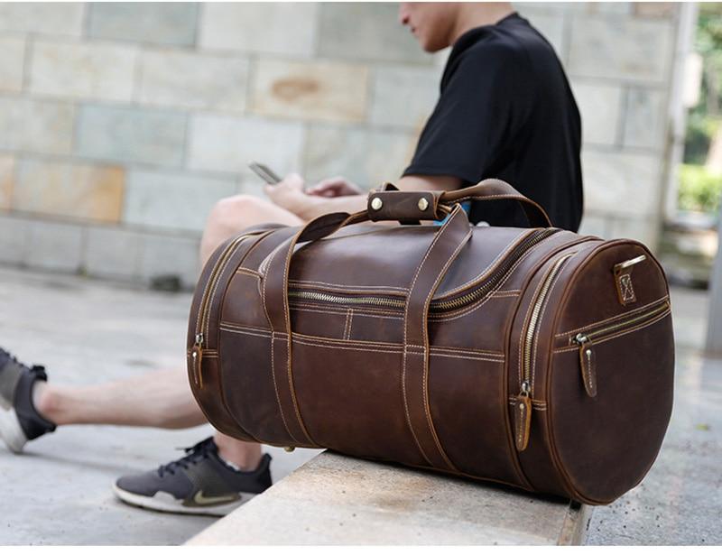 The Wainwright Weekender Bag | Vintage Round Crazy Horse Leather Travel Duffel with Pockets