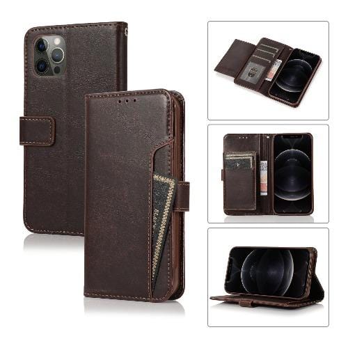 Indy Series Brown Leather Wallet Case for iPhone 12 & 12 Pro - Kickstand & Card Holder