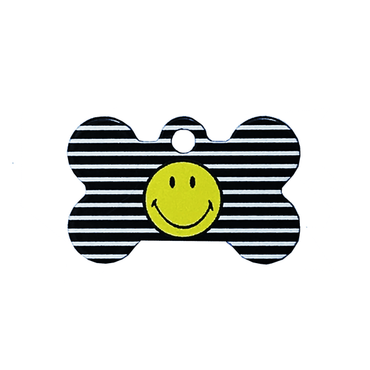 Striped Smiley Face Pet ID Tag - Small Bone