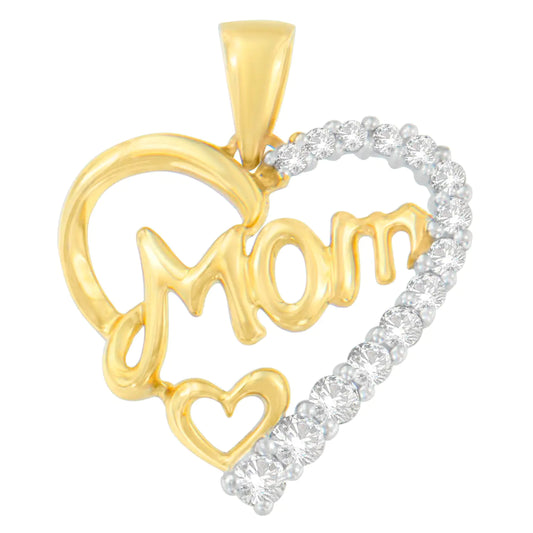 Mom Heart Pendant Necklace - 10K Yellow Gold Round Cut Diamond 0.25 cttw