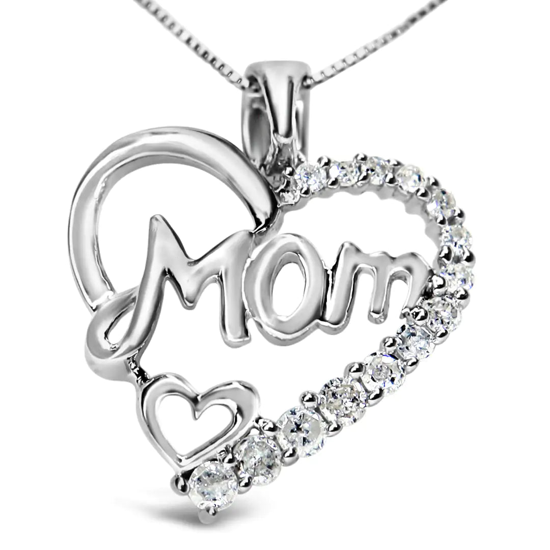 Sterling silver heart pendant necklace featuring the word 'Mom' adorned with sparkling diamonds, a perfect gift for mom.