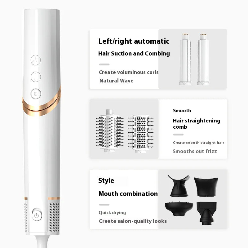 8-in-1 Hair Styler in white gold displaying multiple attachments like an automatic curling iron, fluffy hot air comb, and straightening comb.