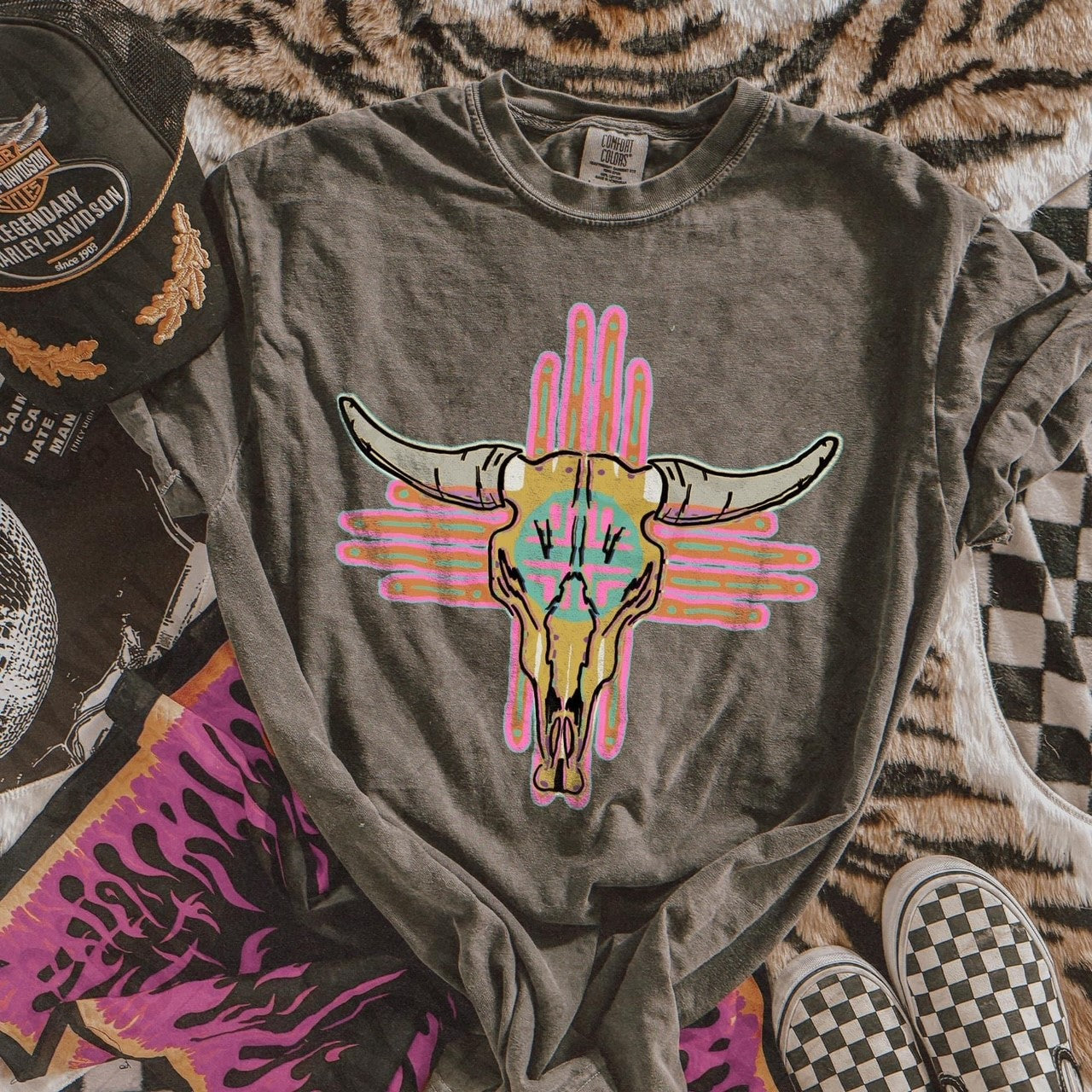 Pink Cowskull Graphic Tee - Comfort Colors Western Aztec Style for Trendy Casual Wear